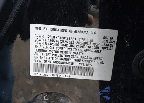 2019 Honda Pilot Ex-L from USA, damaged, VIN 5FNYF6H55KB014159